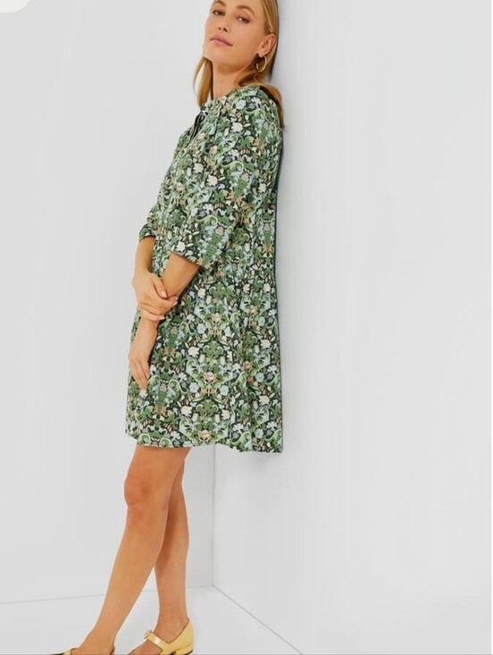 Tuckernuck Dresses & Skirts - Tuckernuck Sage Deco Damask Royal Shirt Dress Mini Cotton Floral 3/4 Sleeves XXS